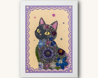 Lucky Shadow Black Cat Art with Real Pressed Flowers, Framed Wall Decor, Limited Edition