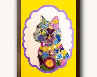 Golden Reverie Cat Art with Real Pressed Flowers, Framed Wall Decor, Limited Edition