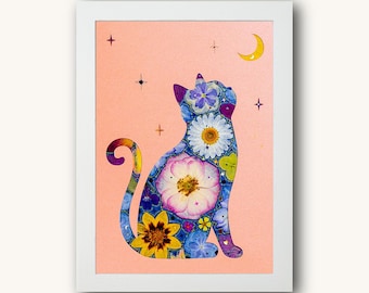 Celestial Blush Cat Art with Real Pressed Flowers, Framed Wall Decor, Limited Edition