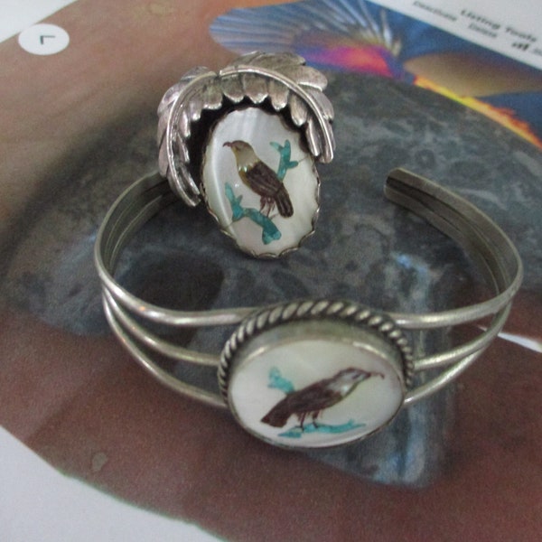 Rare Old Mother of Pearl, Turquoise, Gemstone Inlay and Silver Bracelet or Cuff and Ring Set, Size 8, Eagle, Hawk, Raptor, Bird, USA Seller