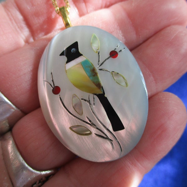 Vintage Zuni Style Handmade Bird Necklace, New 14K Gold Plated 18" Chain, Mother of Pearl with Gemstone Inlay, Beautiful Bird