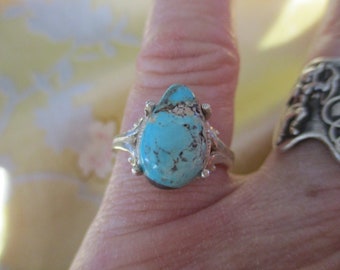 Gemsonclick Natural Round Shape Blue Turquoise Ring Statement Sterling Silver Handmade Adjust Size 4-13