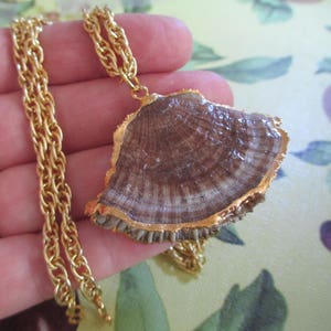 Beautiful Large Mushroom Coral Shell Pendant Necklace, Genuine Gold, 30&quot; Vintage Gold Plated French Rope Chain, Handcrafted, Rare, Natural