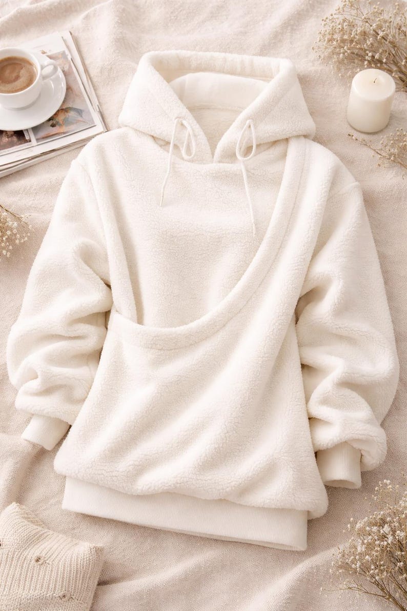 May include: Cream-colored, plush hoodie with a unique asymmetrical design. Features a hood with drawstrings, long sleeves, and a kangaroo pocket. The soft, textured fabric suggests a cozy, comfortable feel. A stylish and warm addition to any wardrobe.