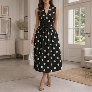 May include: A sleeveless black dress with white polka dots. The dress features a V-neck, a tie at the waist, and a flared skirt. The model is wearing gold sandals and carrying a white purse. The dress is knee-length.