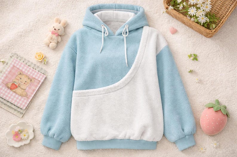 May include: A light blue and white fleece hoodie with a kangaroo pocket. The hoodie has a drawstring hood and long sleeves. A plush bunny, a strawberry-shaped pillow, and a small basket of flowers are also in the image.