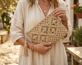 Macrame Clutch Bag, Boho Woven Pouch, Handmade Style Cotton Clutch, Summer Wristlet Bag