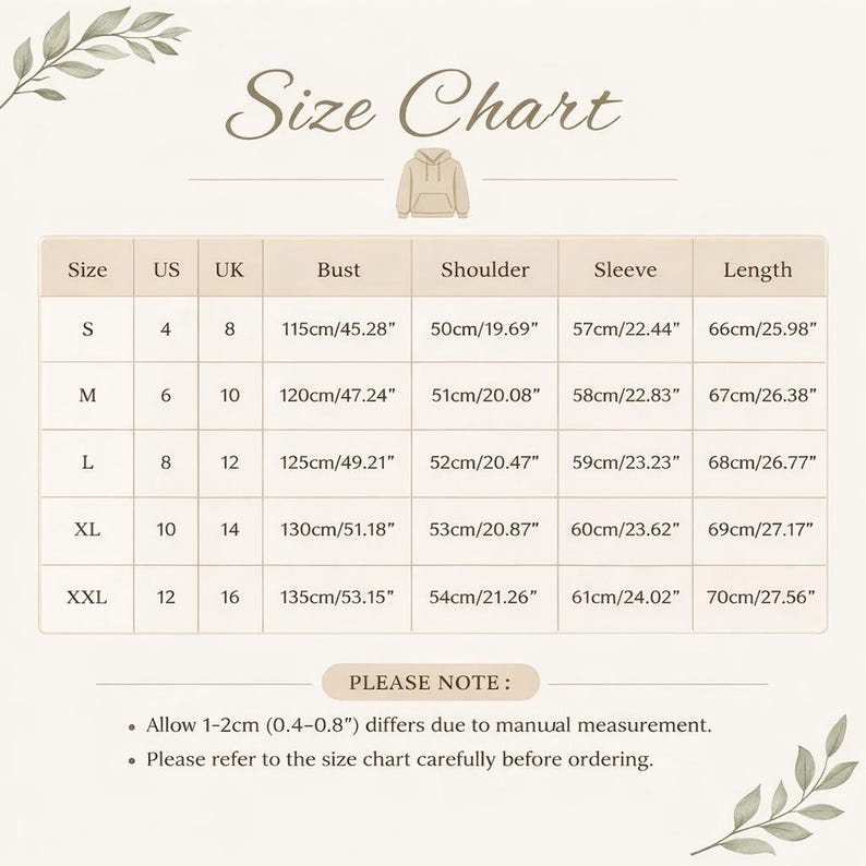 May include: A size chart for a hoodie, with measurements in inches and centimeters. The chart includes sizes S to XXL, with bust, shoulder, sleeve, and length measurements. The text "Size Chart" is at the top.