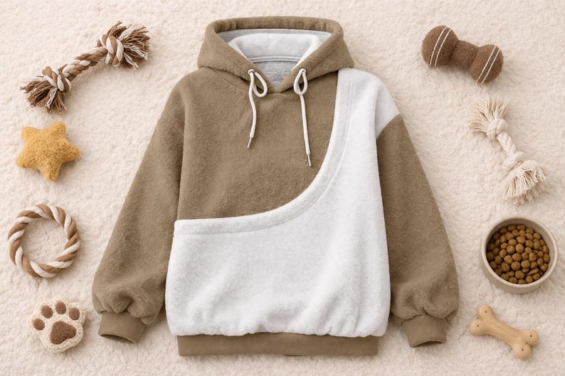 May include: A brown and white hoodie with a kangaroo pocket, surrounded by dog toys and a bowl of kibble. The hoodie has a drawstring hood and ribbed cuffs. The dog toys include a rope toy, a star-shaped toy, and a bone-shaped toy.
