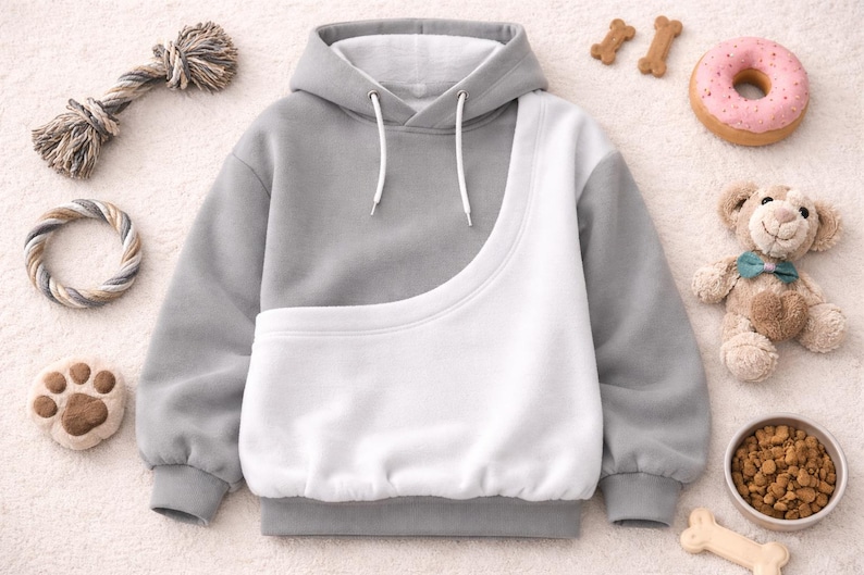 May include: A gray and white pet carrier hoodie with a kangaroo pouch. The image includes dog toys, a plush bear, a donut-shaped toy, and a bowl of pet food. The hoodie has a drawstring hood and is designed for carrying small pets.