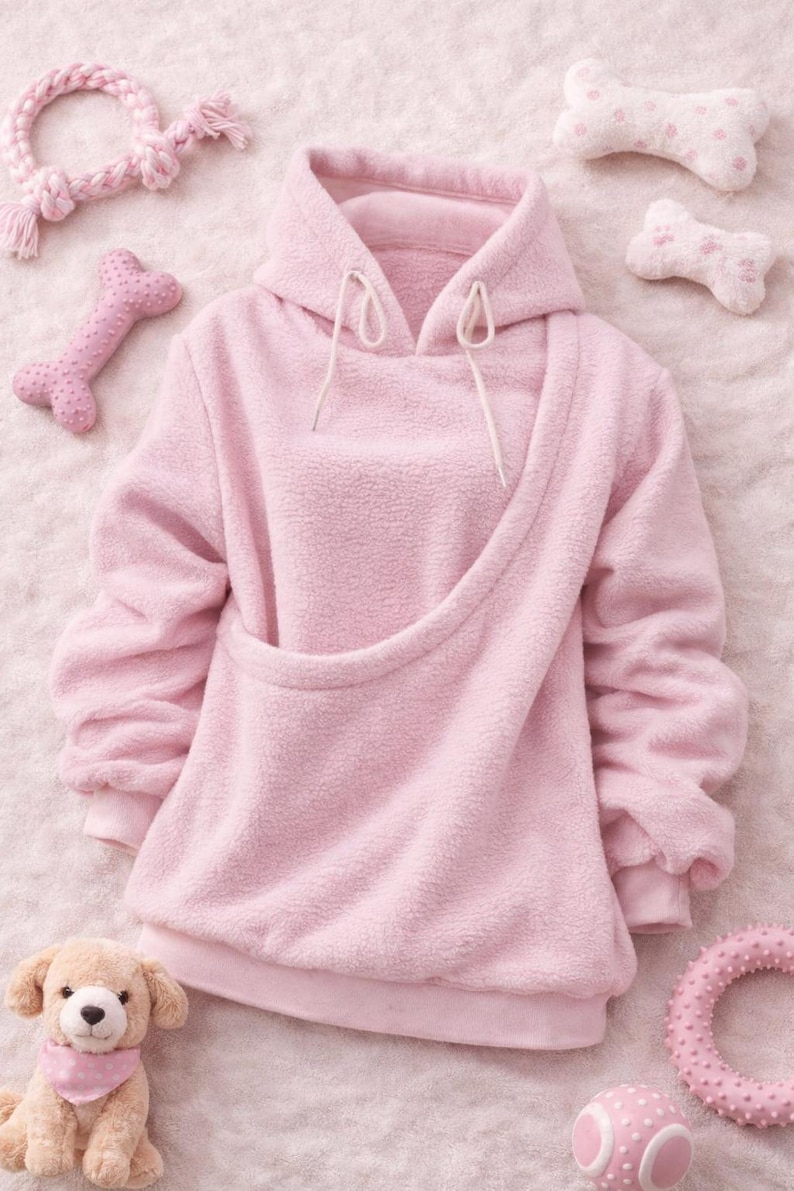 May include: A light pink fleece hoodie with a kangaroo pouch, white drawstrings, and ribbed cuffs. The image also includes pink dog toys, such as a bone-shaped toy, a ring, and a plush dog toy.