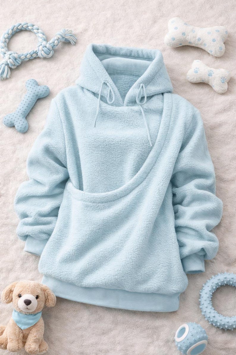 May include: A light blue pet carrier hoodie with a kangaroo pouch, surrounded by dog toys. The hoodie has a drawstring hood and long sleeves. The toys include a rope toy, bone-shaped plush toys, and a plush dog toy.