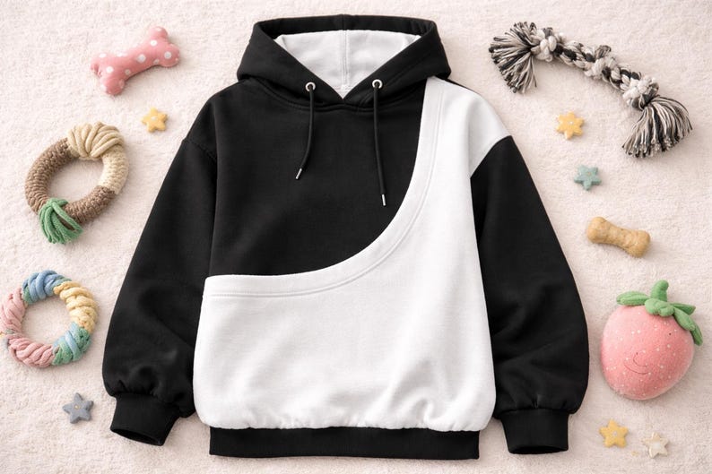 May include: A black and white color block hoodie with a drawstring hood. The hoodie has a unique curved design on the front and is surrounded by dog toys and star-shaped decorations.