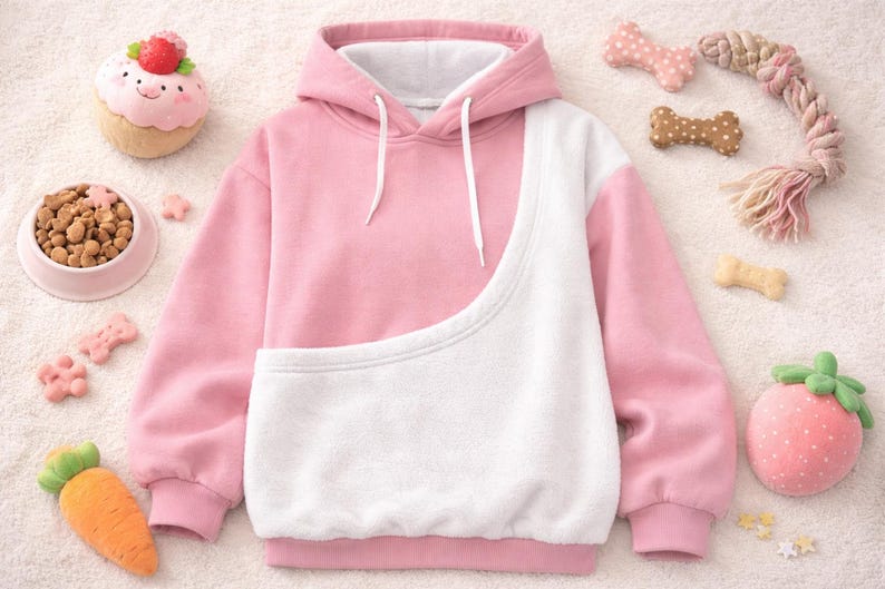 May include: Pink and white pet carrier hoodie with a kangaroo pouch. The hoodie is surrounded by pet toys, including a plush carrot, strawberry, and a bowl of pet food. The hoodie has a drawstring hood.