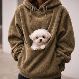 May include: A brown hooded sweatshirt with a large front pocket, designed to carry a small pet. A fluffy white dog with a pink tongue peeks out of the pocket. The sweatshirt has a drawstring hood and ribbed cuffs.