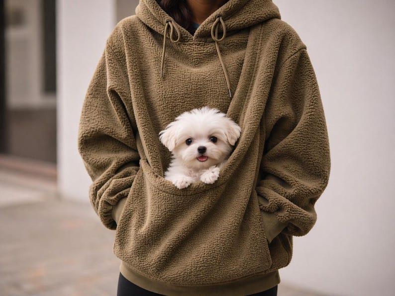 May include: A brown hooded sweatshirt with a large front pocket, designed to carry a small pet. A fluffy white dog with a pink tongue peeks out of the pocket. The sweatshirt has a drawstring hood and ribbed cuffs.