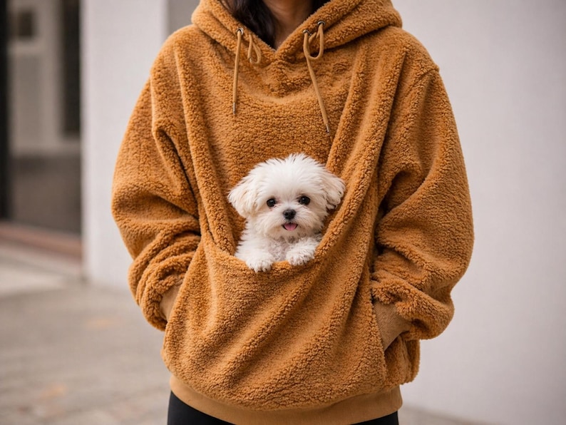 May include: A brown, hooded sweatshirt with a kangaroo pocket, holding a small, fluffy white dog. The sweatshirt has a soft, textured appearance and a drawstring hood. The dog is a Maltese, with its tongue slightly out.