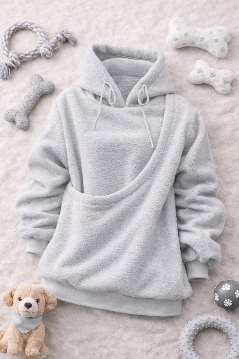 May include: A light gray, plush hoodie with a unique sling-style pocket. The hoodie features a drawstring hood and ribbed cuffs. Dog toys, including a bone-shaped toy and a plush dog, are arranged around the hoodie, suggesting a pet-themed product.