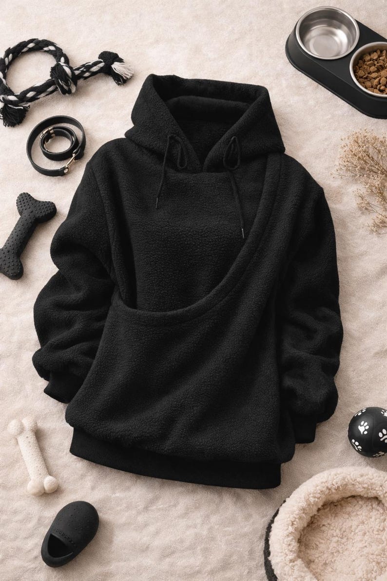 May include: Black hooded sweatshirt with a kangaroo pouch, designed for pet carrying. The image also shows a dog leash, toys, a dog bowl, and a pet bed. The sweatshirt is made of a soft, textured material.