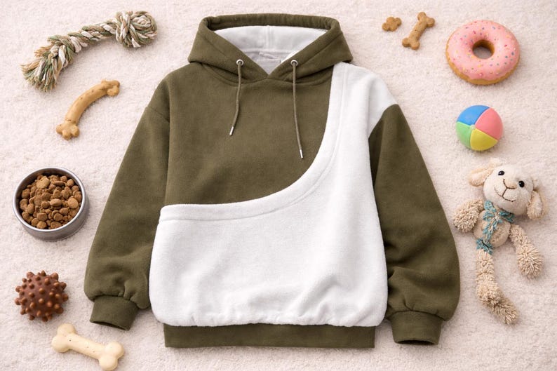 May include: Olive green and white pet carrier hoodie with a drawstring hood. The image includes dog toys, a bowl of kibble, and a stuffed lamb. The hoodie has a large white pocket for carrying a pet.
