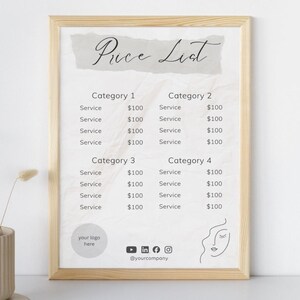 Puede incluir: Una lista de precios enmarcada con el título "Price List" en escritura elegante. La lista está dividida en cuatro categorías, cada una con servicios con un precio de 100 €. Incluye un espacio para un logotipo e iconos de redes sociales.