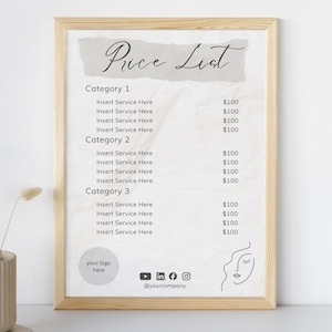 Puede incluir: Una lista de precios enmarcada con el título "Price List" en escritura elegante. La lista está dividida en tres categorías, cada una con descripciones de servicios y precios correspondientes. La parte inferior de la lista incluye iconos de redes sociales y un marcador de posición para el logotipo.