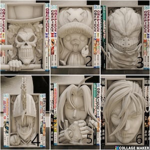 May include: A collage of six white, sculpted manga bookends featuring characters from "One Piece", "Naruto", and "Attack on Titan". Each bookend has a unique character design, with manga volumes on either side.