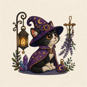 魔法使いの猫のミシン刺繍デザイン、かわいいハロウィンの子猫の刺繍ファイル、魔法の猫の刺繍パターン
