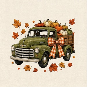 May include: A vintage olive green pickup truck illustration featuring a wooden truck bed filled with various pumpkins. An orange and white checkered bow is tied to the side. The scene is decorated with scattered orange and red autumn maple leaves.