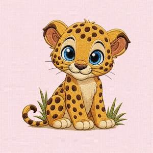 May include: An embroidered design of a cartoon leopard cub with large blue eyes, golden yellow fur, and dark brown spots. The cub is sitting upright with its tail curled, surrounded by small patches of green grass on a light pink fabric background.
