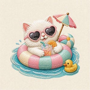 May include: An embroidered design of a white cat wearing pink heart-shaped sunglasses, floating in a pink and teal striped inner tube on blue water. The cat holds a glass with a straw and orange slice, next to a beach ball, umbrella, and yellow duck.