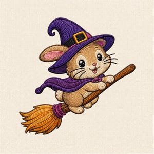 May include: An embroidered patch featuring a light brown bunny wearing a purple witch hat with a yellow buckle and a matching purple cape. The bunny is riding a brown wooden broomstick with orange bristles, depicted in a cartoon style.