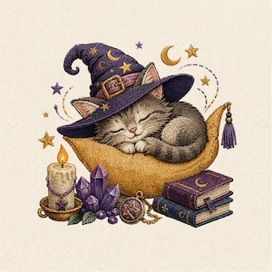 May include: An embroidered illustration of a grey tabby kitten wearing a purple witch hat, sleeping on a golden crescent moon pillow. The scene includes a lit candle, purple crystals, a gold pentagram pendant, and two stacked books.