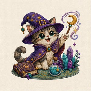 Puede incluir: Un diseño bordado de un gatito con sombrero de mago y capa morada con estrellas doradas. El gatito sostiene una varita con una luna creciente dorada. A su lado hay un libro morado con una huella, una botella de poción y varios cristales.
