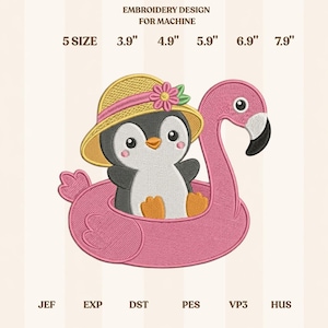 May include: An embroidery design for machine featuring a cartoon penguin wearing a yellow hat with a pink flower, floating in a pink flamingo float. The design is available in 5 sizes, ranging from 3.9" to 7.9".