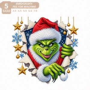 May include: An embroidery file for machine featuring a green creature with a mischievous expression wearing a red Santa hat with white fur trim. The design shows the character emerging from a torn opening, surrounded by gold stars and blue snowflakes.