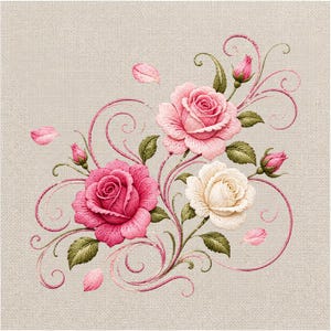 Puede incluir: Diseño floral bordado con tres rosas en tonos rosa y crema, rodeadas de hojas verdes y espirales rosas. La obra de arte incluye capullos de rosa y pétalos dispersos sobre un fondo neutro.