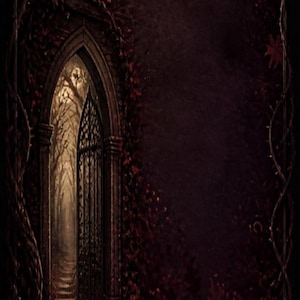 Puede incluir: Una ilustración vertical que muestra un arco de piedra oscuro que conduce a un sendero forestal brumoso, rodeado de hojas de otoño de color rojo intenso y ramas retorcidas. Una llave antigua de plata yace en el suelo, enmarcada por un borde ornamentado.