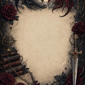 Könnte beinhalten: Ein dekorativer Pergamentrahmen mit einem schwarzen und einem roten Drachen vor einem Vollmond. Der Rand zeigt dunkelrote Rosen, einen Stapel ledergebundener Bücher, eine Armillarsphäre und einen Dolch. Der Text lautet: born of fire, bound by choice.