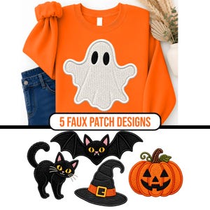 Paquete de parches PNG de bordado falso de Halloween / Imágenes prediseñadas de parches espeluznantes / Fantasma, bruja, sombrero, gato negro, murciélago, calabaza / Digital / Uso comercial