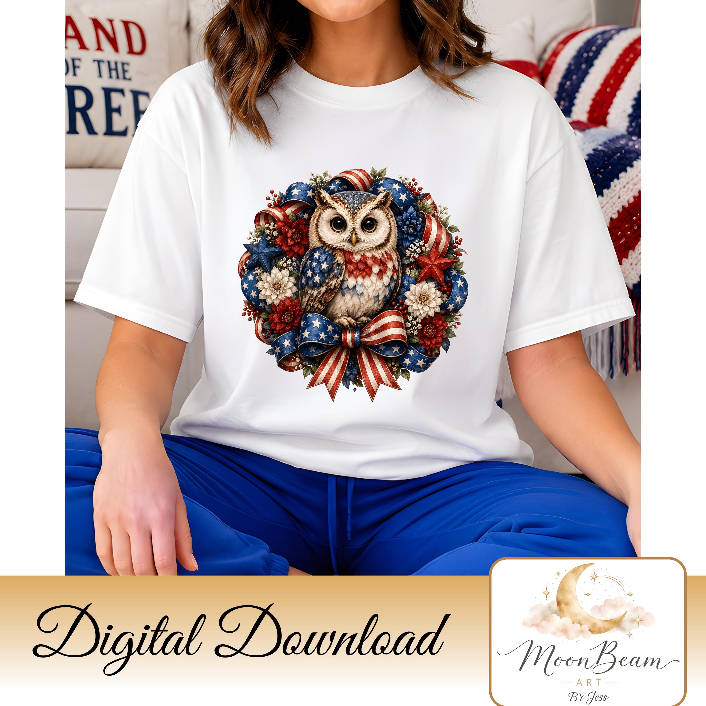 Patriotic Owl PNG | Watercolor Owl Clipart | Fourth of July Design | Floral Owl Digital | Commercial