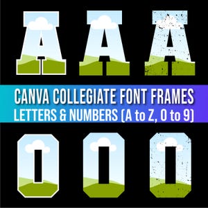 May include: A digital graphic set of Canva collegiate font frames featuring letters and numbers from A to Z and 0 to 9. The characters display a landscape scene with a blue sky, white clouds, and green hills, including distressed texture options.