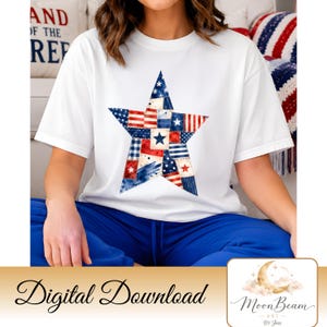Patriotic Patchwork Star PNG | Watercolor Americana Star Clipart | Fourth of July Design | Rustic Red White Blue Quilt Star | Commercial