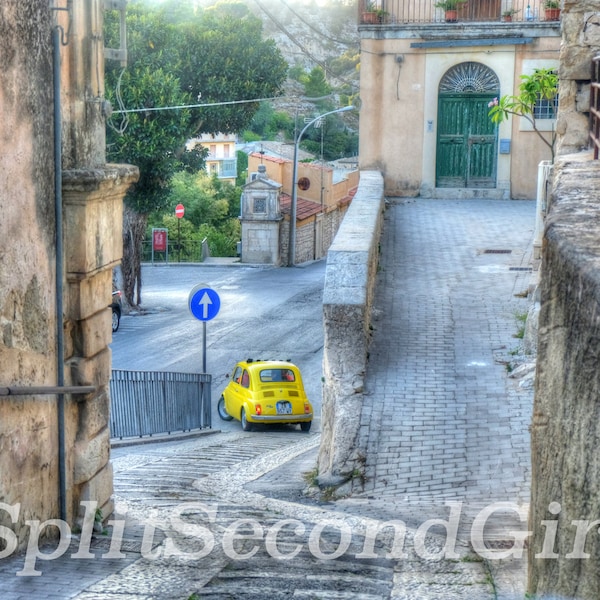 Fiat 500 Photograph, Vintage Fiat 500 Photo, Digital Download, Instant Download, Yellow Fiat 500, Sicily Streets, Italy Photo
