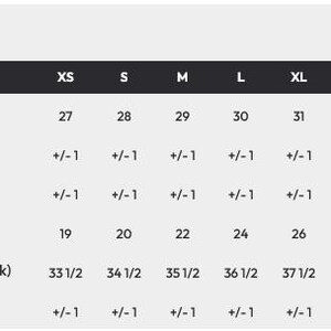 May include: A size chart table with black headers and light gray rows. It lists garment measurements for sizes XS through 5XL, including body length, chest width, and sleeve length in inches, along with their respective tolerances for each size.