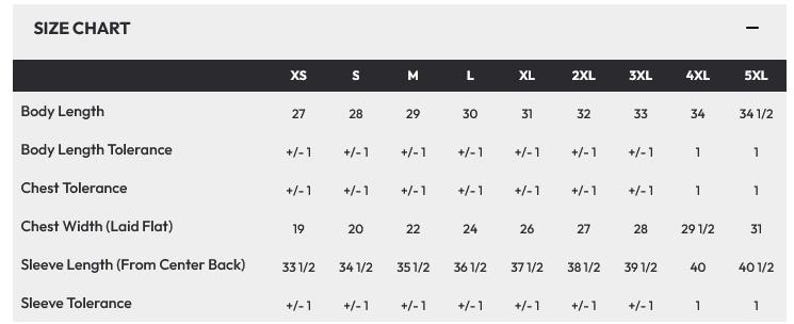 May include: A size chart table with black headers and light gray rows. It lists garment measurements for sizes XS through 5XL, including body length, chest width, and sleeve length in inches, along with their respective tolerances for each size.