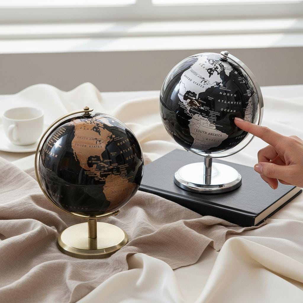 GLOBO TERRAQUEO NEGRO CON PLATA BASE CROMADA 14CM. ESTUDIANTES GLOBOS