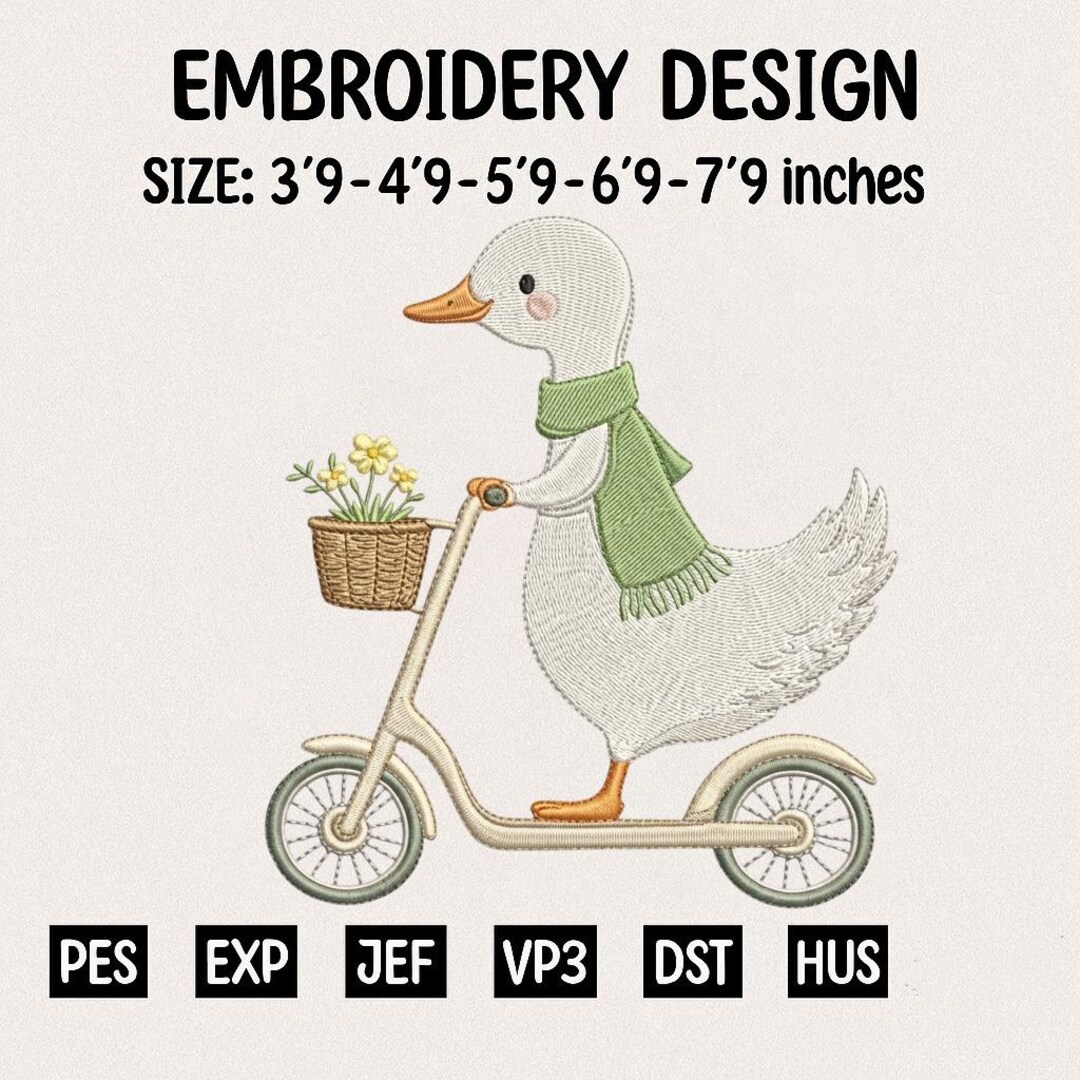 Duck Scooter Embroidery Design, Cute Goose Riding Scooter With Scarf ...