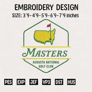 May include: An embroidery design featuring the Masters logo, with a yellow map of the golf course and a red flag. The text reads "MASTERS AUGUSTA NATIONAL GOLF CLUB". The design size is 3'9-7'9 inches.