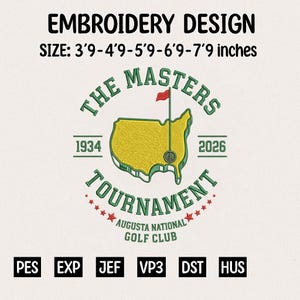 Könnte beinhalten: Stickdesign mit dem Text "The Masters Tournament" und einer Karte des Augusta National Golf Club. Das Design enthält die Jahre 1934 und 2026, und die Größe beträgt 114-236 cm.